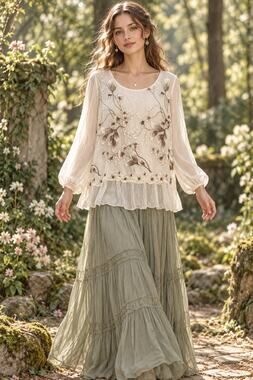 Elena Baldi Silk Blend Layered Bouse Cream Silver Ethereal Fairy Women’s Large